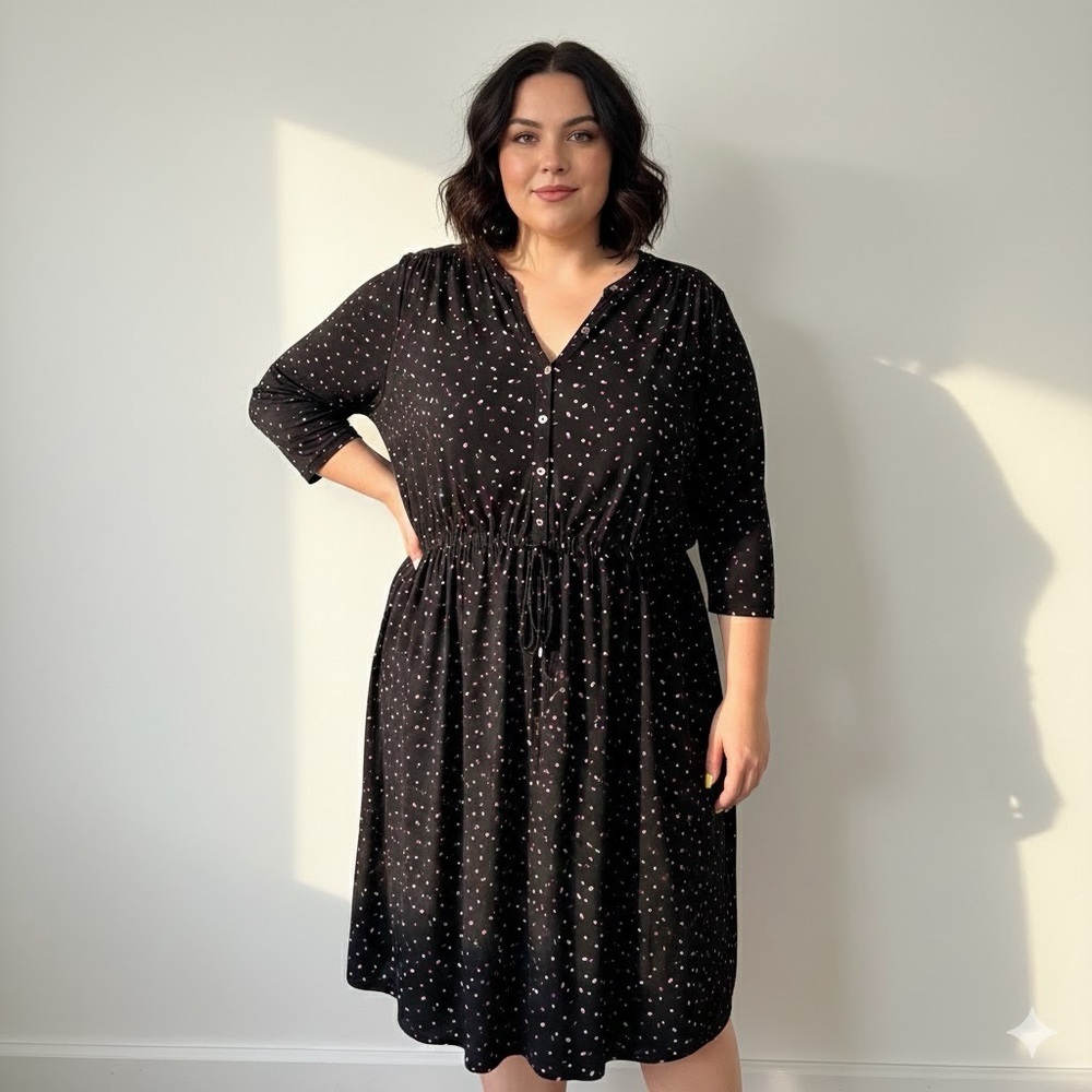 Penningtons Navy Blue 3/4 Sleeves Knee Length Polka Dot Dress Stretchy Size 3X